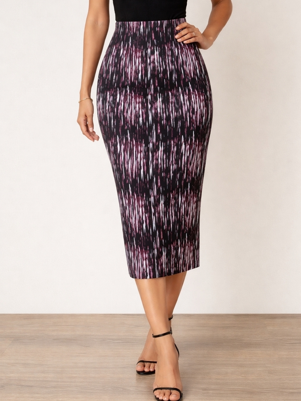 2/$20 RW&CO. Purple and Black Abstract Pencil Midi Skirt